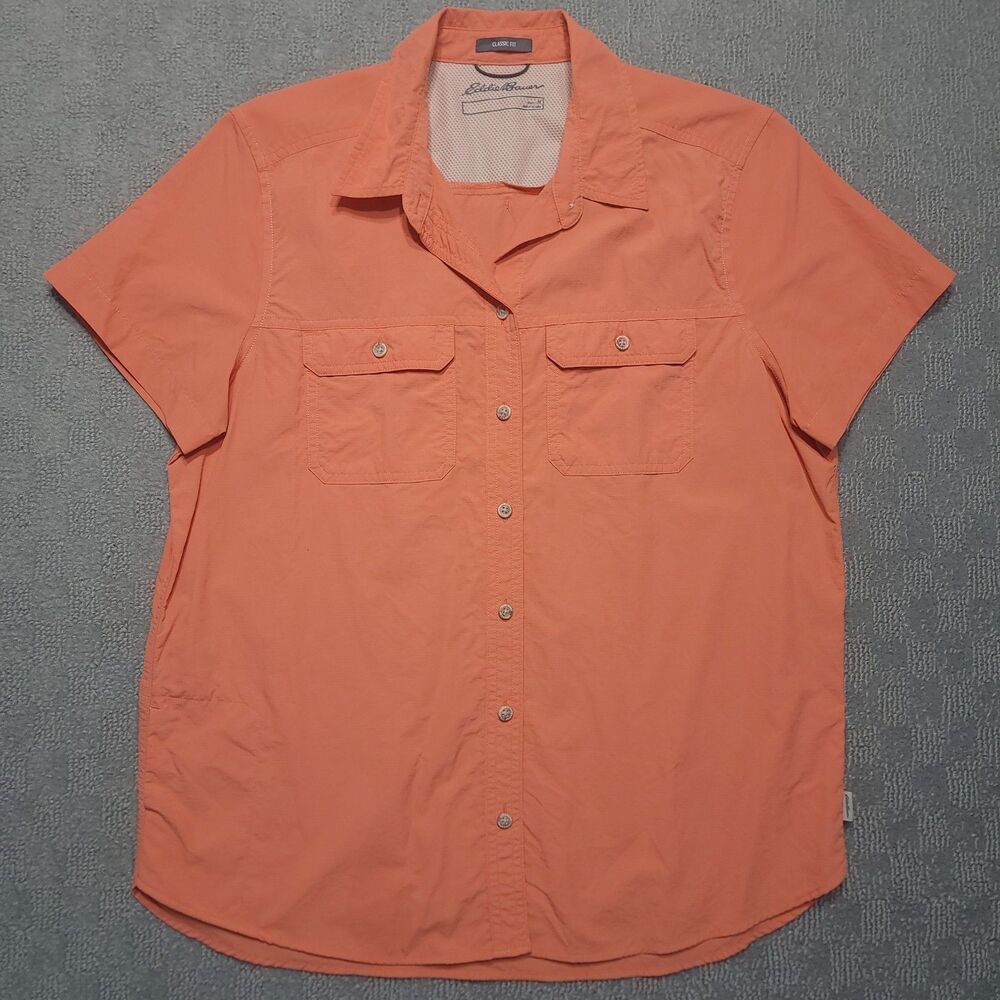 Eddie Bauer Shirt Womens M Coral Button Up Short Sleeve Classic Mountain Ripstop - Picture 6 of 10